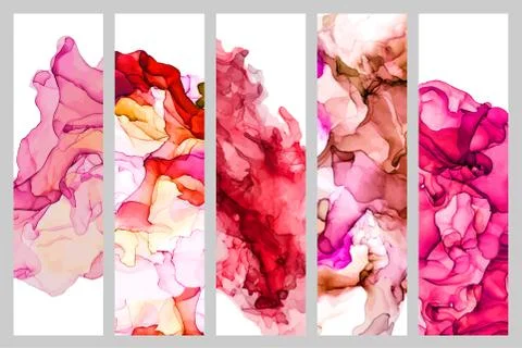 Set of five bookmarks decorated with liquid watercolor texture Stock Illustration