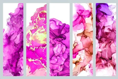 Set of five bookmarks decorated with liquid watercolor texture Stock Illustration
