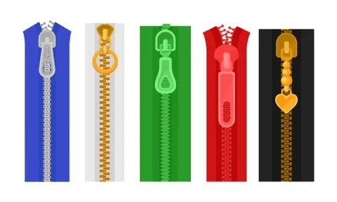 Set Of Five Bright Colorful Closed Zippers Vector Illustration イラスト素材