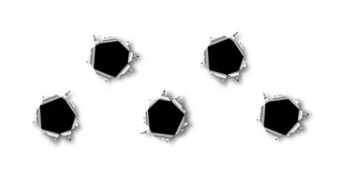 Set of five bullet holes. Isolated on white transparent background. Vector eps Stock Illustration