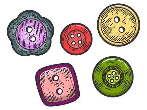 Set of five buttons. Apparel print design. Scratch board imitation. Color hand Illustrazione stock