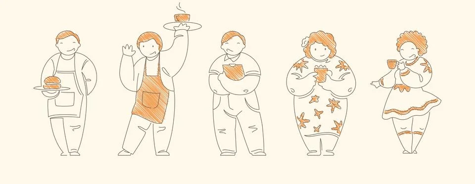 Set of five cafe service characters including waitress carrying burgers deliv Stock Illustration