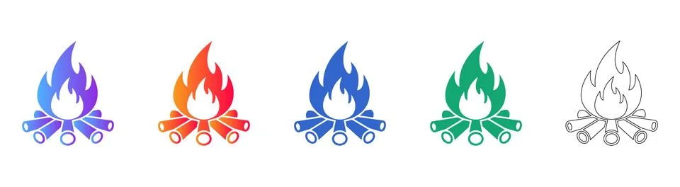 Set of Five Campfire Icons with Gradient and Line Art Illustrazione stock