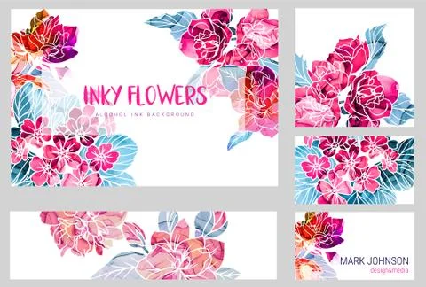 Set of five cards woth abstract spring flowers with alcohol ink texture Illustrazione stock