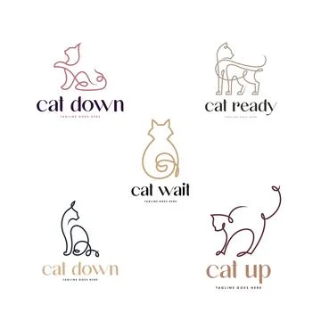 Set of five cat logo template in line art style Stock Illustration