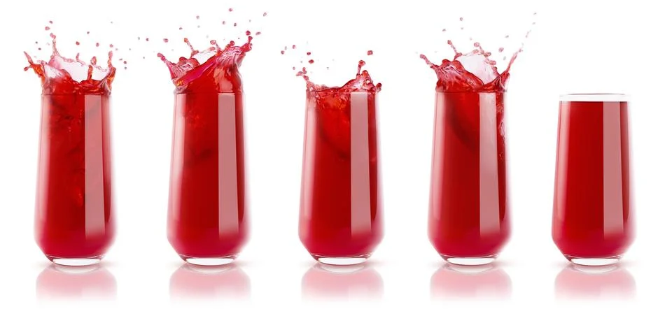 Set of five cherry fresh red juices in glass with reflection, calm and with.. Stock Photos