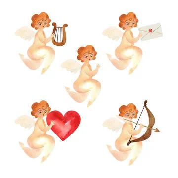 Set of five cherubs with lyre, heart, letter, bow and arrow. Cupid, Cupid Stock Illustration