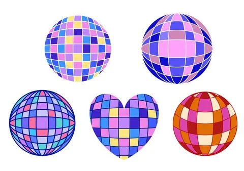 A set of five colorful grid mosaic disco balls including a heart-shaped mir.. Stock Illustration
