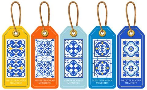 Set of Five Colorful Mediterranean Style Luggage Tags with Tile Patterns Stockillustratie