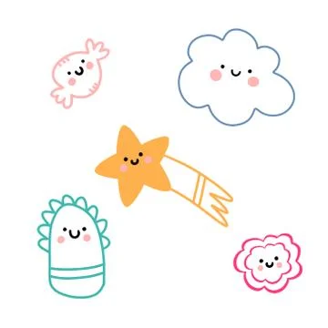 A set of five cute characters. Manually drawn various kawaii objects. Modern Stock Illustration