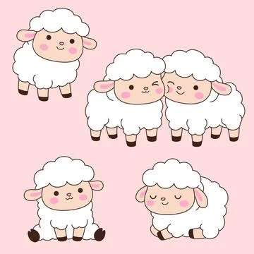 Set of five cute kawaii white lamb characters in different poses on pastel .. Stock Illustration