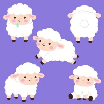 Set of five cute kawaii white lamb characters in different poses on purple .. Stock Illustration