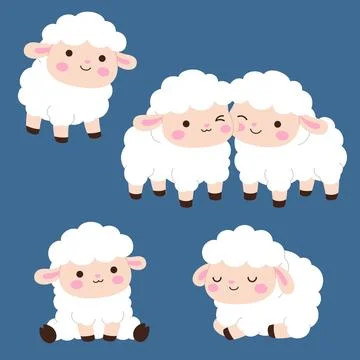 Set of five cute kawaii white lamb characters in various poses on dark blue.. Illustrazione stock