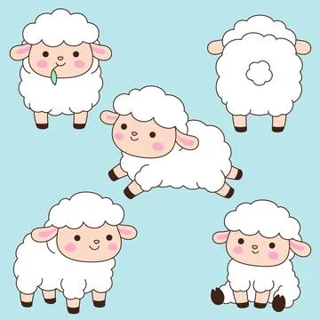 Set of five cute kawaii white lamb characters in different poses on teal bl.. Stock Illustration