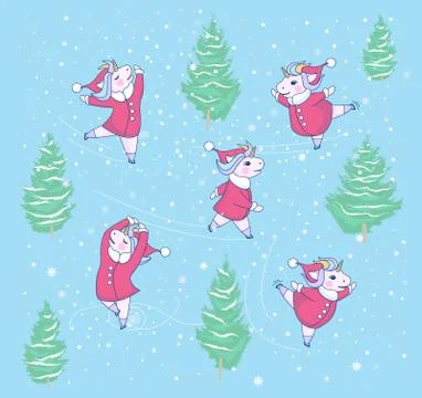 Set with five cute unicorn skates with a Santa Claus coat Stock Illustration