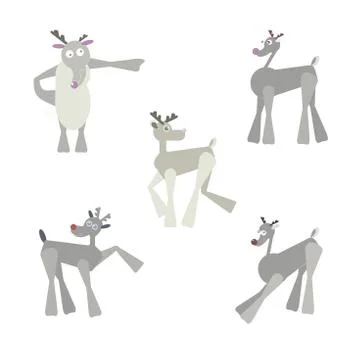 Set of five deer standing in different poses on the white background. Flat dr Stock Illustration
