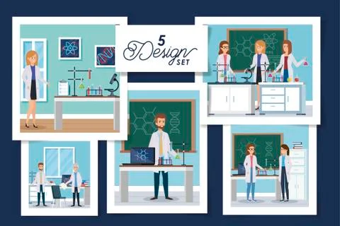 Set of five designs laboratory scenes with group scientific Illustrazione stock