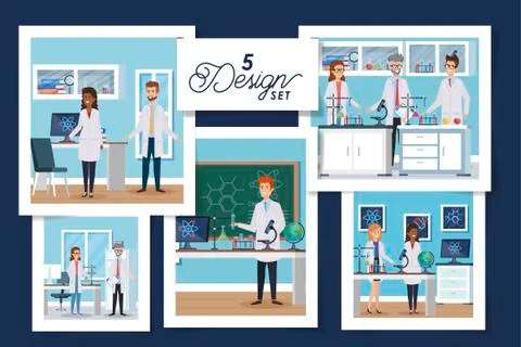 Set of five designs laboratory scenes with group scientific Illustrazione stock