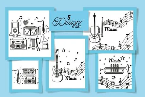 Set five designs of music instruments and icons Stock Illustration