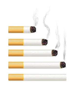 Set of five different realistic cigarettes with smoke isolated on white Illustrazione stock