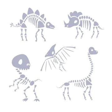 Set of five dinosaur skeletons standing on two legs with bones visible Stock-Illustration