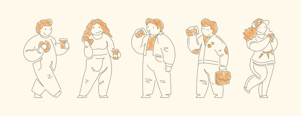 Set of five diverse characters enjoying coffee and snacks including donut san Stock Illustration