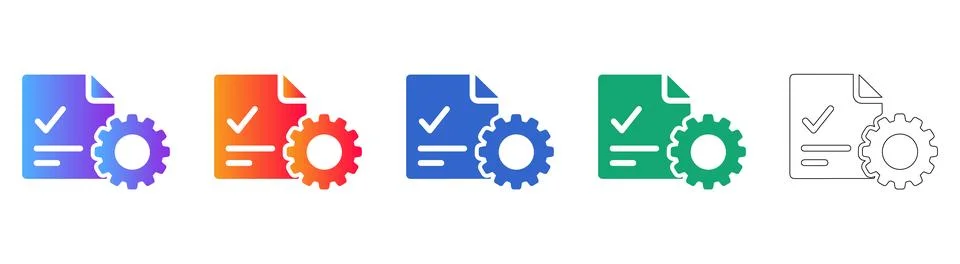 Set of Five Document Approval Process Icons Stock Illustration