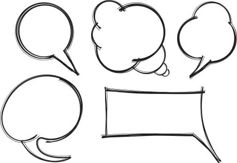 Set of five doodle, hand drawn speech bubbles. Stock-Illustration
