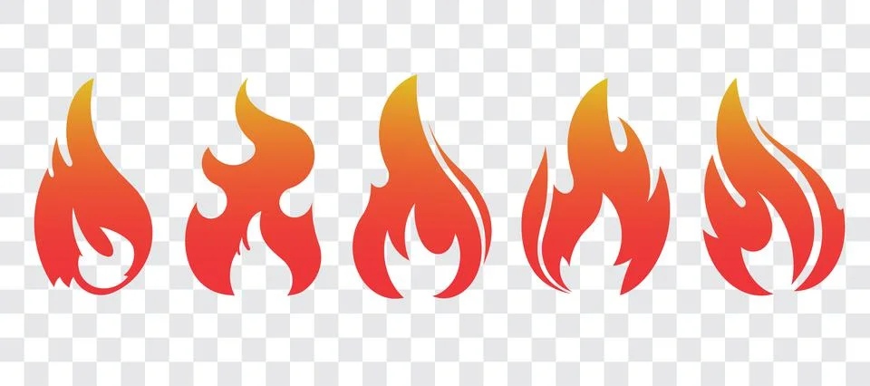 Set of five fire icons for your design. Blazing flame, fire, bonfire vector i Stock Illustration