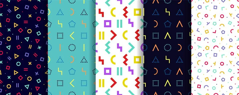 Set of five geometric textures. Memphis seamless pattern. Vector. Wrapping pa Stock Illustration