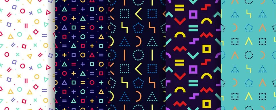 Set of five geometric textures. Memphis seamless pattern. Vector. Minimal abs Stock Illustration