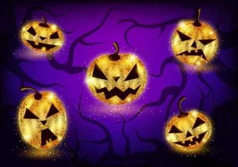 Set of five gold pumpkins with different faces. Stock Illustration