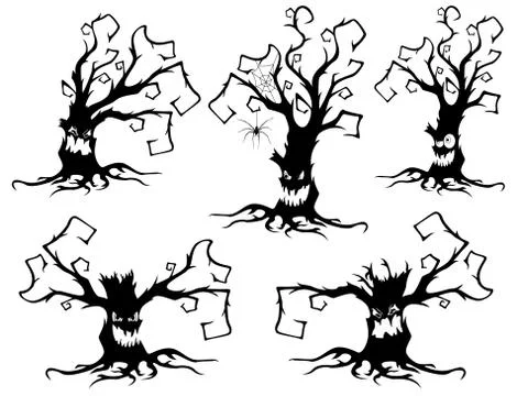 Set of five Halloween old dried trees Stock Illustration