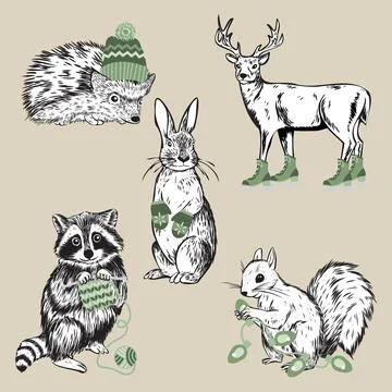 Set of Five Hand Drawn Holiday Woodland Forest Animals Illustrazione stock