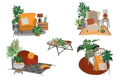 Set of five hand drawn interior compositioons Stock Illustration