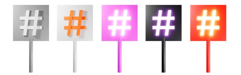Set of five hashtag placards on a pole. isolated white. 3d render イラスト素材