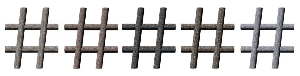 Set of five hashtags with a tree texture with bark. isolated white. 3d render Stock-Illustration