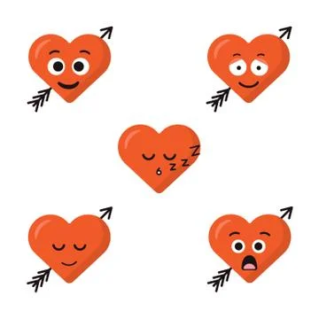 Set of five heart expression. Cartoon character emoticons Stock Illustration