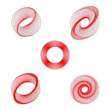 A set of five helical elements, vector whirls round shape red color. The swir Stock Illustration