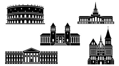Set of five historical architectural landmark silhouettes for graphic design Stock Illustration