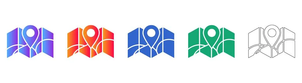 Set of Five Map Location Icons with Folded Map and Pin Stock Illustration