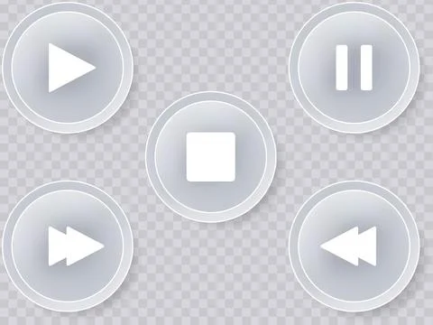 Set of five media player control buttons with frosted glass effect Stock Illustration