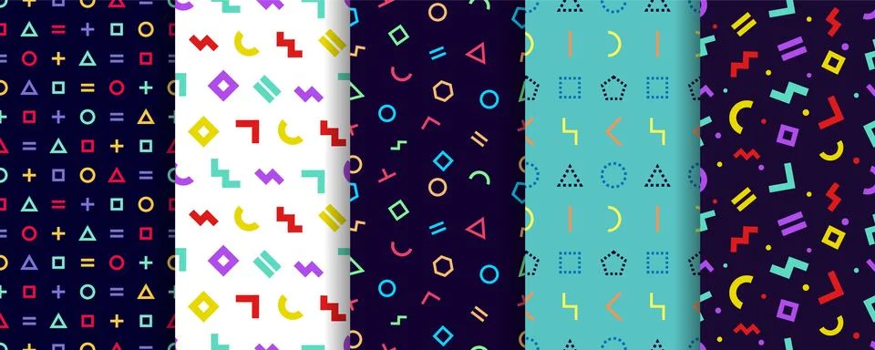 Set of five memphis seamless patterns. Geometric textures. Vector. Wrapping p Stock Illustration