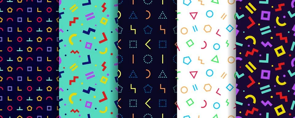 Set of five memphis seamless patterns. Wrapping paper design. Geometric textu Stock Illustration