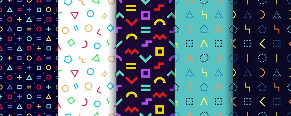 Set of five memphis seamless patterns. Geometric shapes textures. Vector. Wra Stock Illustration