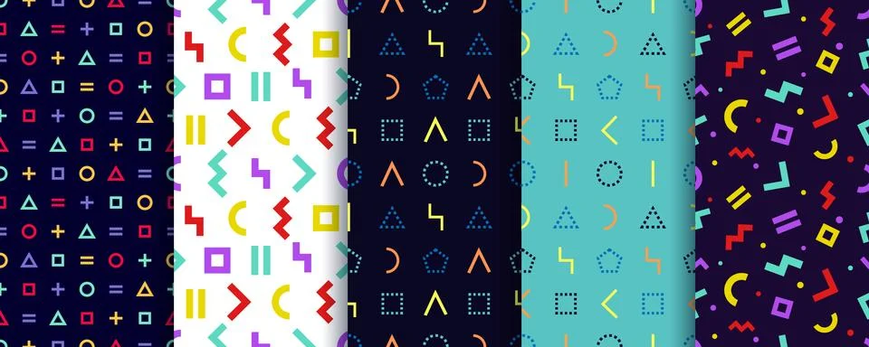 Set of five memphis seamless patterns. Colorful geometric background. Geometr Stock Illustration