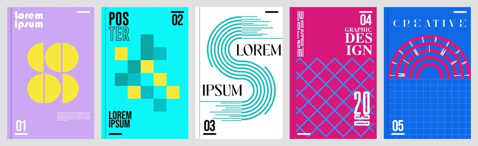 Set of five modern abstract posters with geometric shapes, lines, and typography 库存插图