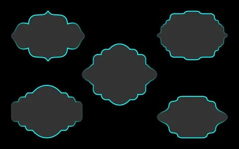 Set of five modern black frames with blue neon outline against dark bg Stock Illustration