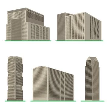 Set of five  modern high-rise building on a white background Stock Illustration