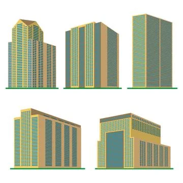 Set of five modern high-rise building on a white background Ilustración de archivo